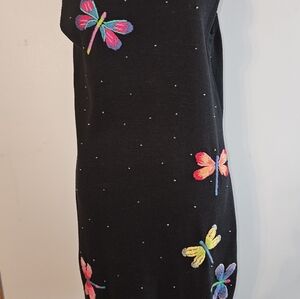 Beautiful Vintage Michael Simon Dragonfly Embroidered Beaded Mini Dress, Black